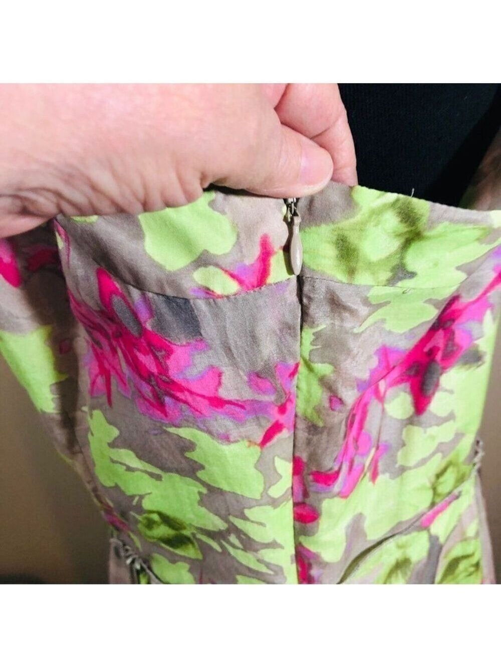 Banana Republic Green Pink Floral Silk Blend Sleeveless Dress Size 14 - Picture 6 of 8